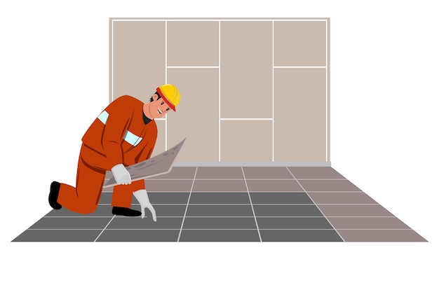 Vector floor repair illustration with a man putting a floor pieces