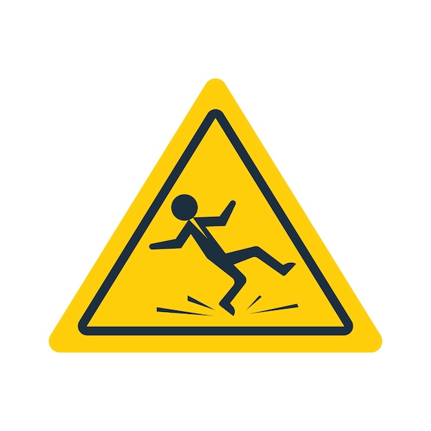 Floor sign of danger Wet floor sign Cleaning in progress Falling silhouette man is on the floor Pictogram of danger Vector illustration flat design Isolated yellow symbol on white background