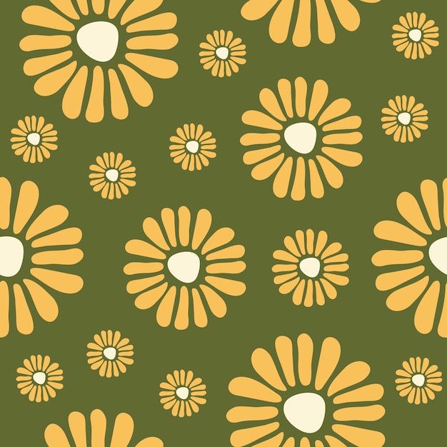 Floral abstract seamless pattern with cute hand drawn flowers on a olive background.