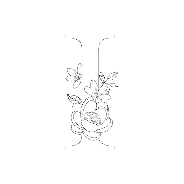 Vector floral alphabet letter i with hand drawn flowers and leaves for wedding invitation greeting card