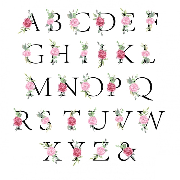 Floral alphabet set, letters with watercolor flowers and leaf for wedding invitation