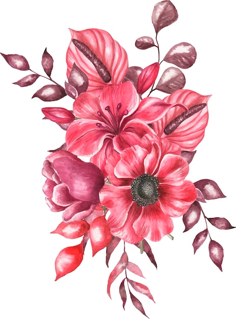 Floral arrangement of watercolor flowers viva magenta