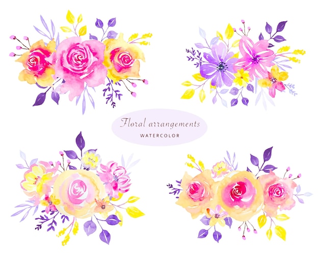 Floral arrangements of bright rose and leaves watercolor illustration