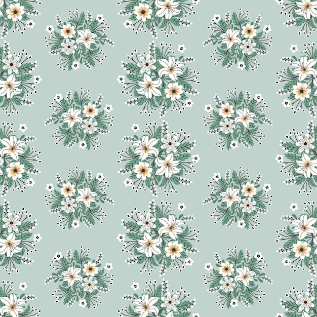 Floral  artwork for apparel and fashion fabrics, White flowers wreath ivy style with branch and leaves. Seamless patterns background.