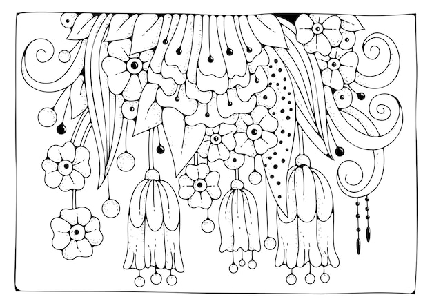 Floral background for coloring, coloring page for children and adults. Vector background with flowers for drawing.