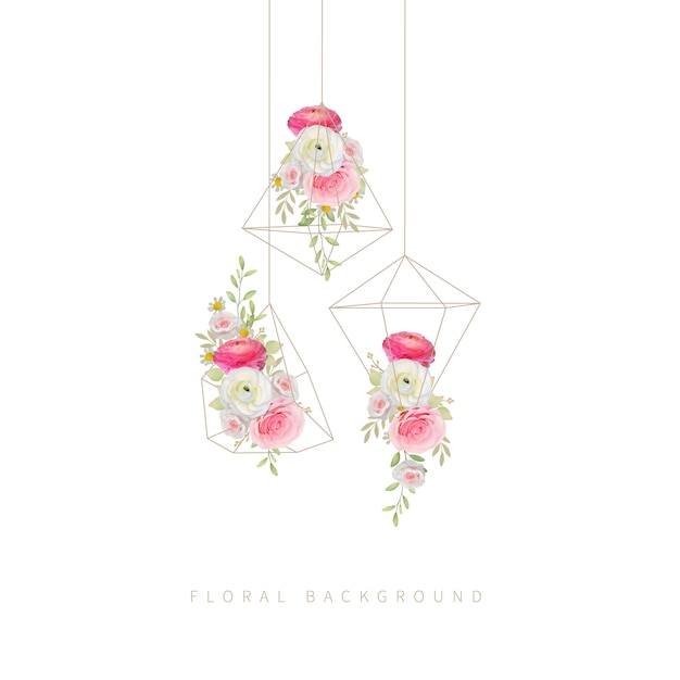 floral background with floral  pink ranunculus and rose flowers in terrarium