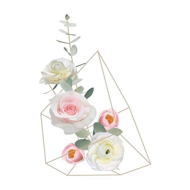 floral background with floral ranunculus and rose flowers in terrarium