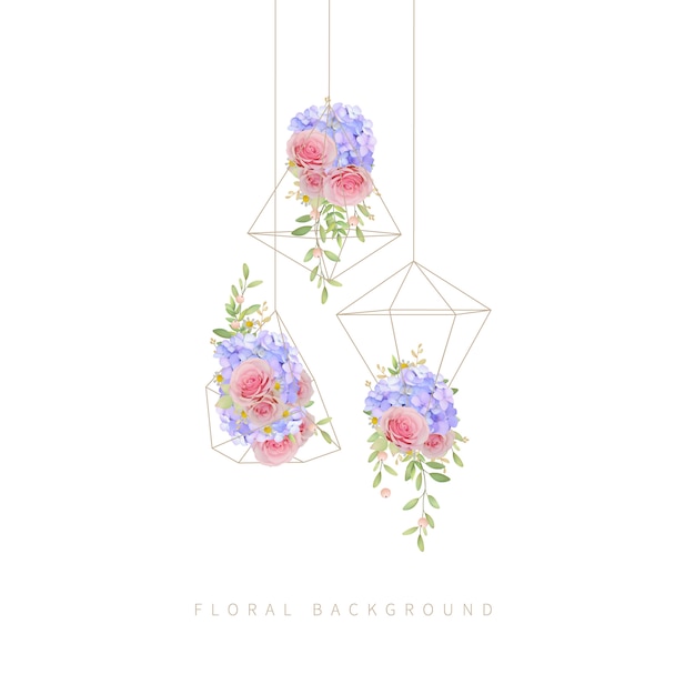 floral background with pink roses and hydrangea in terrarium