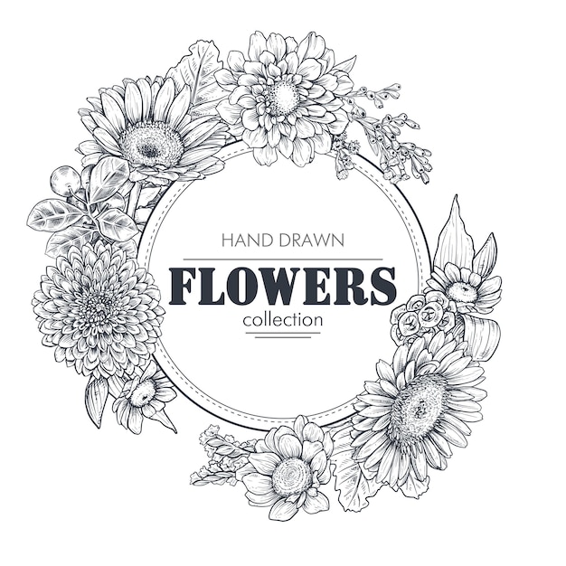 Floral backgrounds with hand drawn flowers and plants Monochrome vector illustration in sketch style