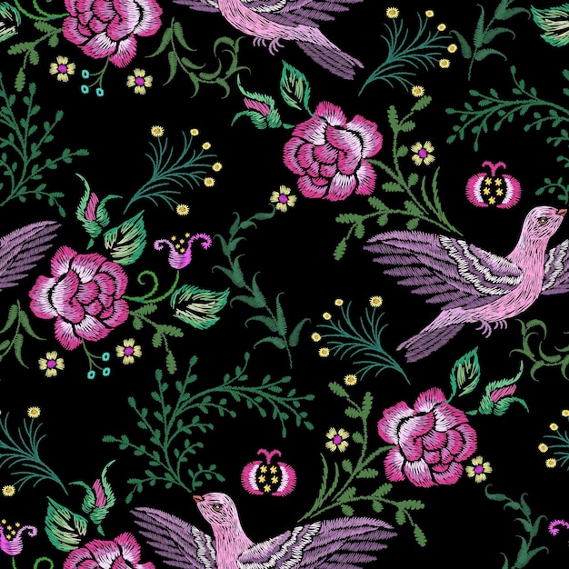 Floral birds pattern Embroidery bird and rose or peony victorian artwork design Romantic spring garden wallpaper Flower branch vintage vector nowaday seamless texture