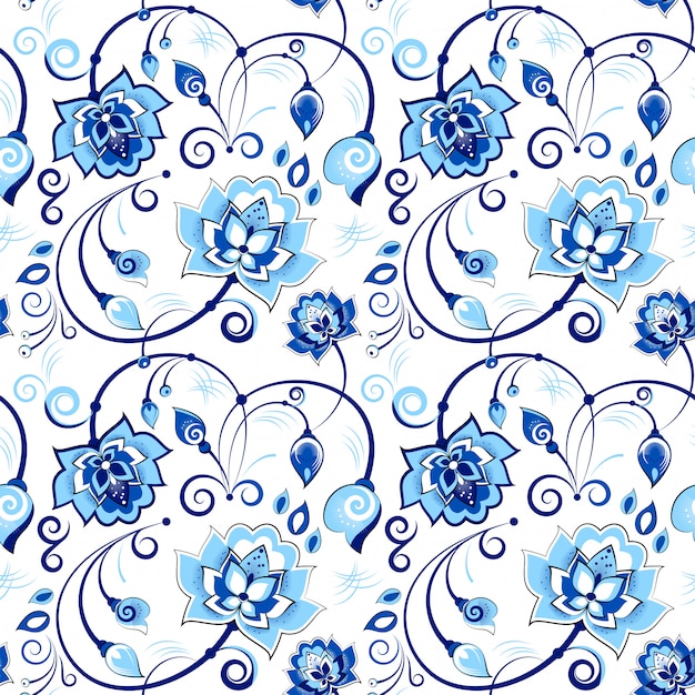 Floral blue and white seamless pattern in slavic theme