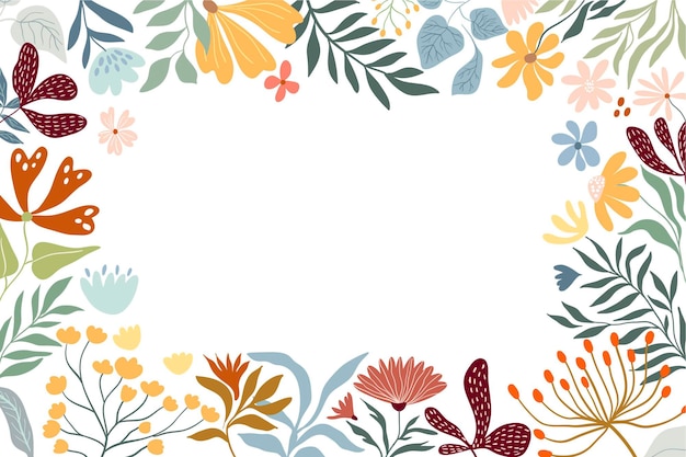 Floral border decorative frame with meadow flowers and plants white background