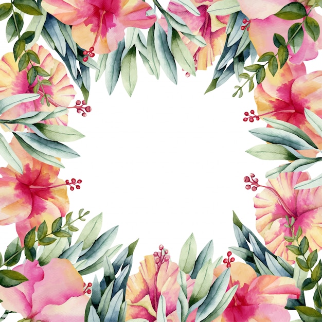 Floral border from watercolor hibiscus flowers