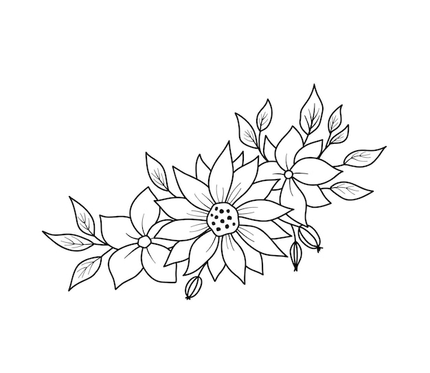 Floral border with flowers and leaves in outline style Vector line wildflowers Floral bouquet hand drawn