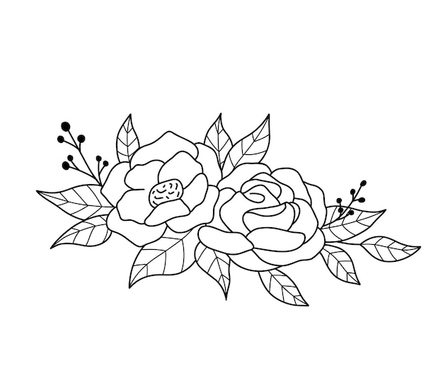 Floral border with peonies flowers and leaves in outline style Vector line wildflowers Elegant floral bouquet hand drawn