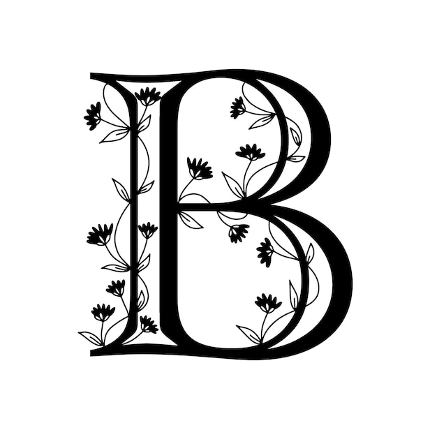 Floral botanical alphabet. Vintage hand drawn letter B. Letter with plants and flowers. Vector