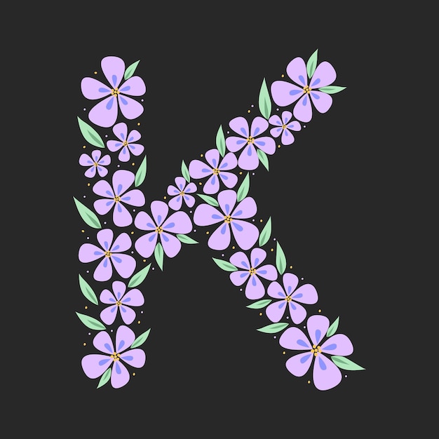 Floral botanical alphabet Vintage hand drawn monogram letter K Letter with plants and flowers