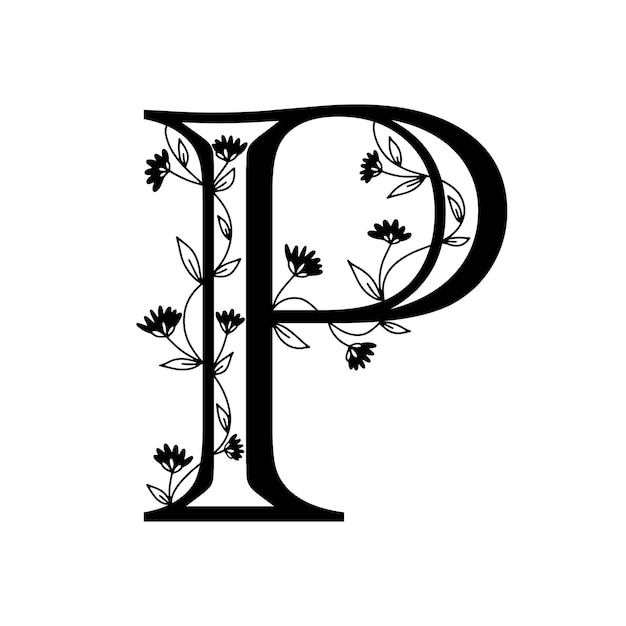 Floral botanical alphabet. Vintage hand drawn monogram letter P. Letter with plants and flowers