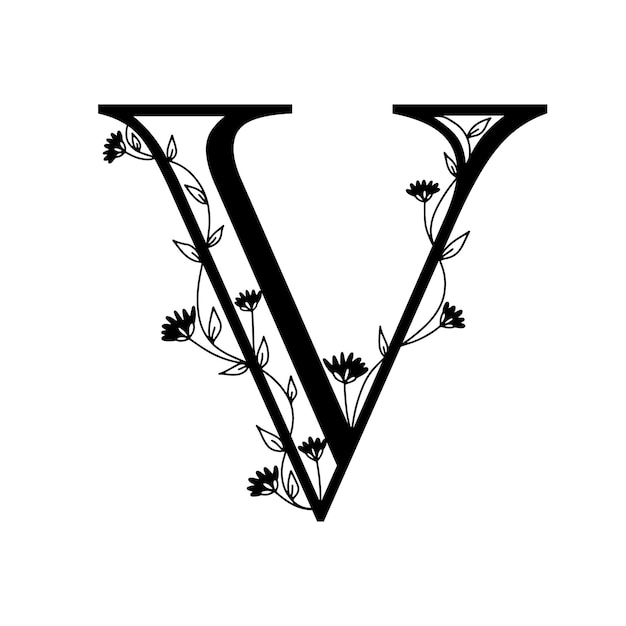 Floral botanical alphabet. Vintage hand drawn monogram letter V. Letter with plants and flowers