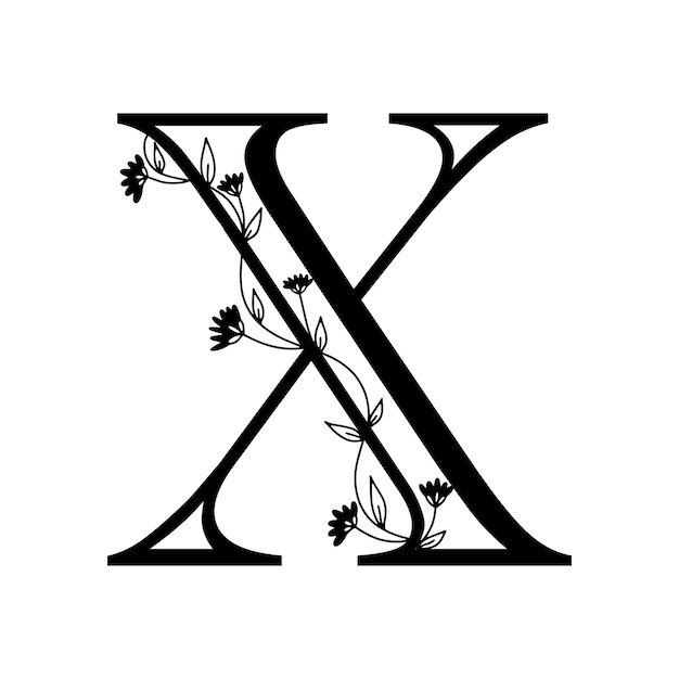 Floral botanical alphabet. Vintage hand drawn monogram letter X. Letter with plants and flowers