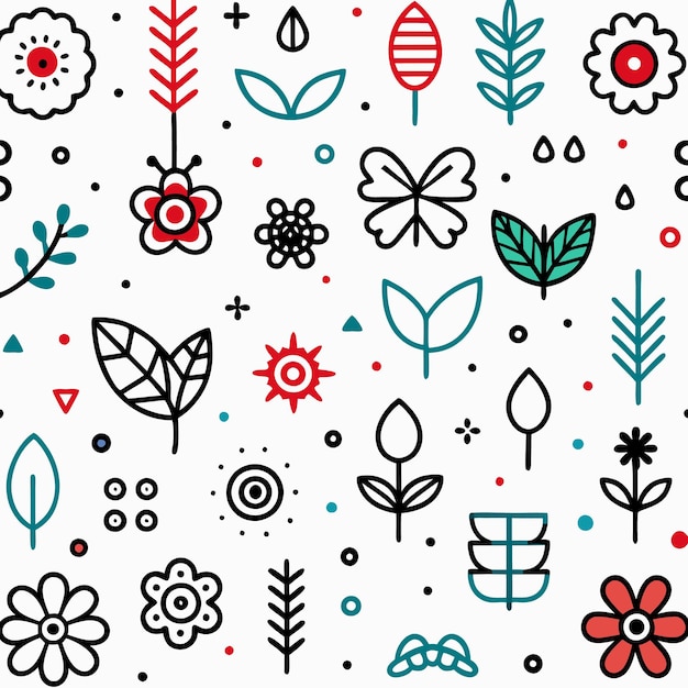 Floral and Botanical Seamless Pattern Red Black Green and White Outline Illustrations