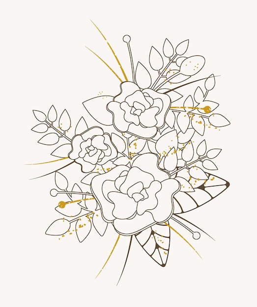 Floral botany. Sketch of flowers of roses with leaves. Black and white elegant line art botanical illustration. Vector on white background