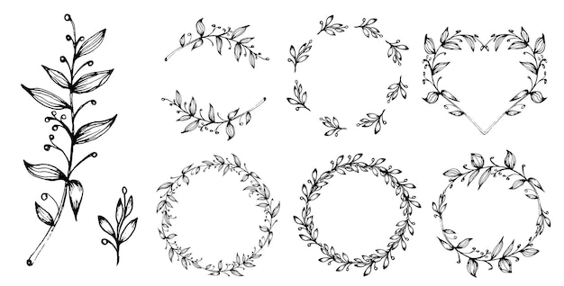 Floral branch hand drawn circle wreath set vector illustration frame for card or invitations isolate on white background