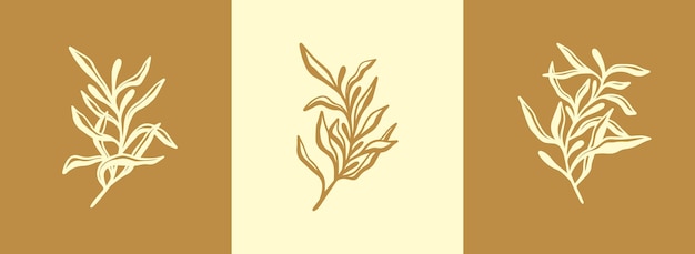 Floral branch and minimalist flowers for logo Hand drawn line wedding herb elegant leaves Universal creative premium symbol Vector sign icon logo template Vector illustration