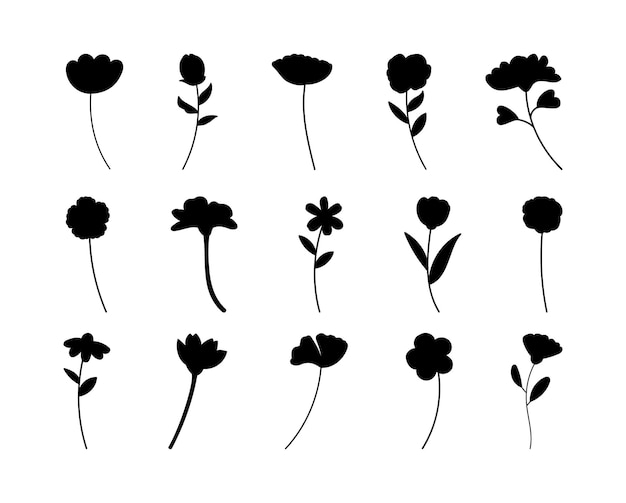 Floral branch silhouette set Hand drawn with leaves and flowers on white background