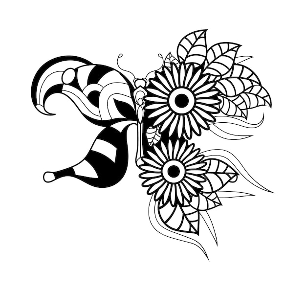 Floral butterfly flowers, butterfly coloring page for kids