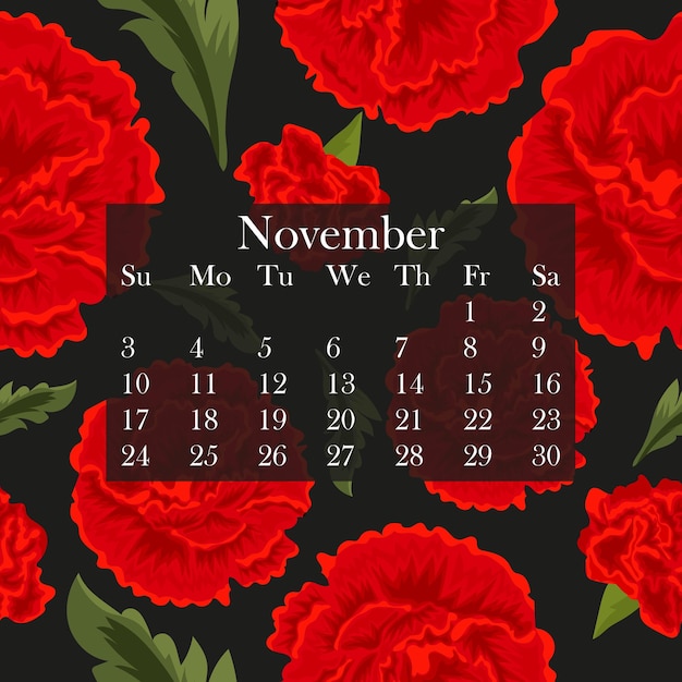 floral calendar for the month of November 2024 which consists of open buds of hairy carnations