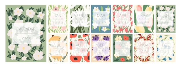 Floral calendar template for 2023. A3, A4 Design with bright colorful flowers. Week starts on Monday