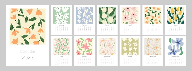 Floral calendar template for 2023. A3, A4 Design with bright colorful flowers. Week starts on Sunday