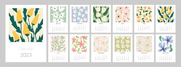 Floral calendar template for 2023. Vertical design with bright colorful flowers and leaves. A3, A4