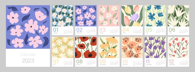 Floral calendar template for 2023 Vertical design with colorful flowers and leaves Editable A3 A4