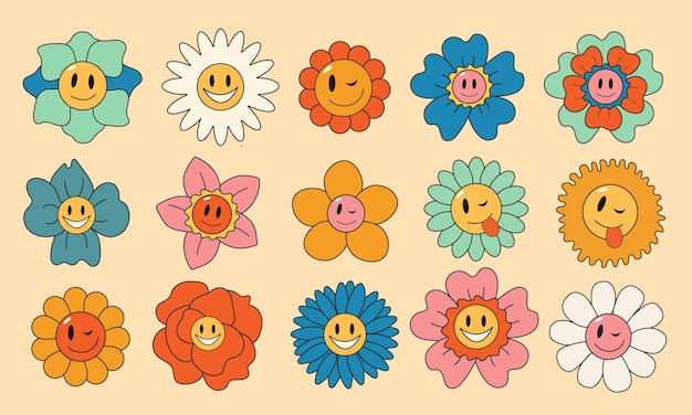 Floral cartoon characters. Set of stickers in trendy retro style. Isolated vector illustration