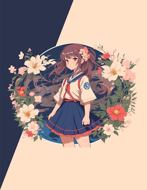 Floral Charm Vector Japanese Schoolgirl Illustration for Versatile Design Templates