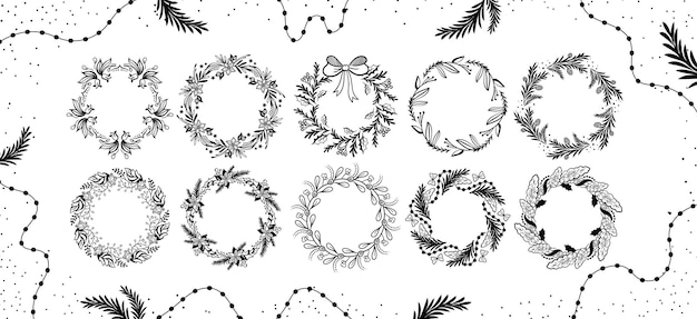 Vector floral christmas wreaths hand drawn winter xmas pines botanical foliage twig fir branch silhouette nature plant leaf holiday decoration holly or spruce circle vector doodle set