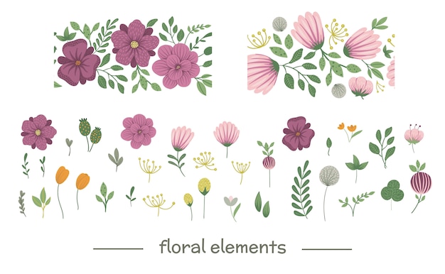   floral clip art set. Flat trendy illustration with flowers, leaves, branches.