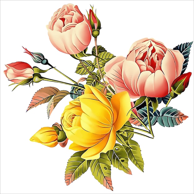 Floral collection. flowers decoration illustration of red and peach rose flowers, leaves, branches