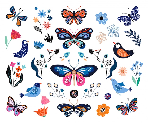 Floral collection with decorative elemets, butterflies, flowers, birds