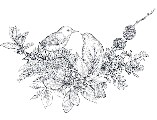 Floral composition. Bouquet with hand drawn flowers, blossom branches, leaves and birds. Monochrome vector illustration in sketch style.