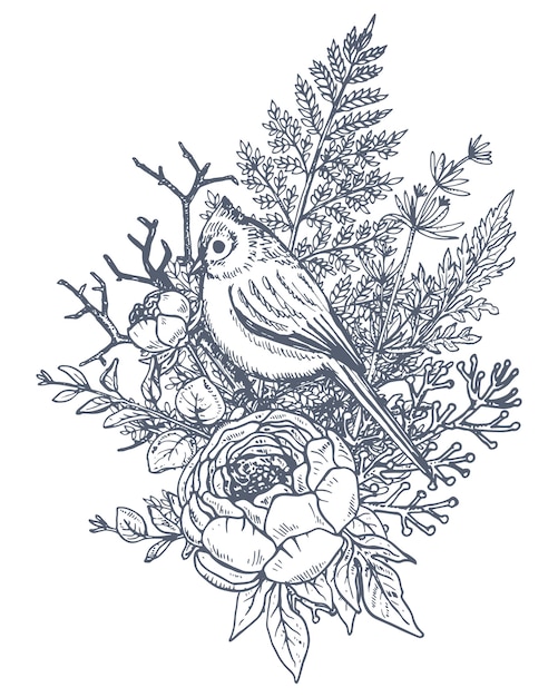 Floral composition. Bouquet with hand drawn flowers, plants and bird. Monochrome illustration in sketch style.