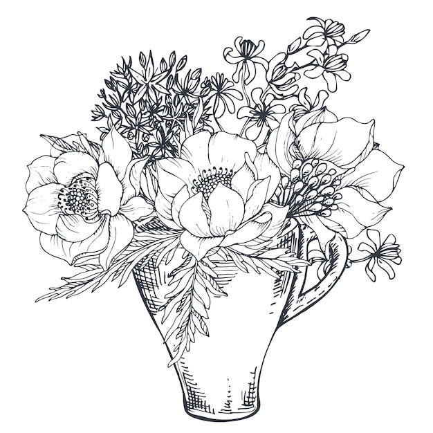 Floral composition. Bouquet with hand drawn flowers and plants in the cup. Monochrome illustration in sketch style.