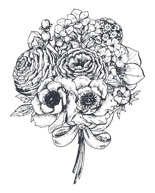 Floral composition. Bouquet with hand drawn spring flowers and plants. Monochrome