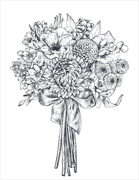 Floral composition Bradal bouquet with beautiful hand drawn flowers plants ribbon Monochrome vector illustration in sketch style