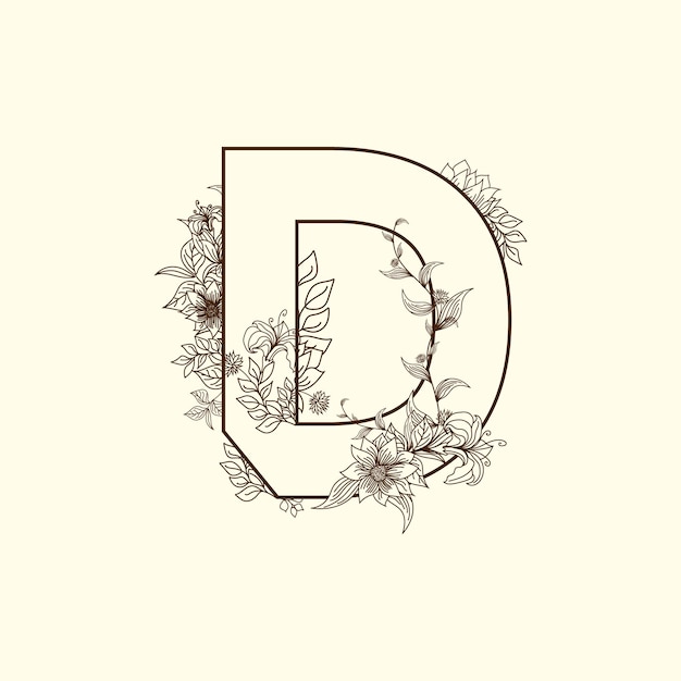 Floral D Letter line art alphabet design illustration