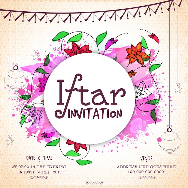 Vector floral design decorated invitation card for holy month of muslim community ramadan kareem iftar party celebration