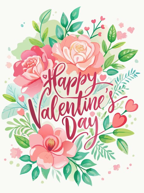 Vector a floral design featuring pink flowers green leaves and the words quothappy valentine39s dayquot in a red script font