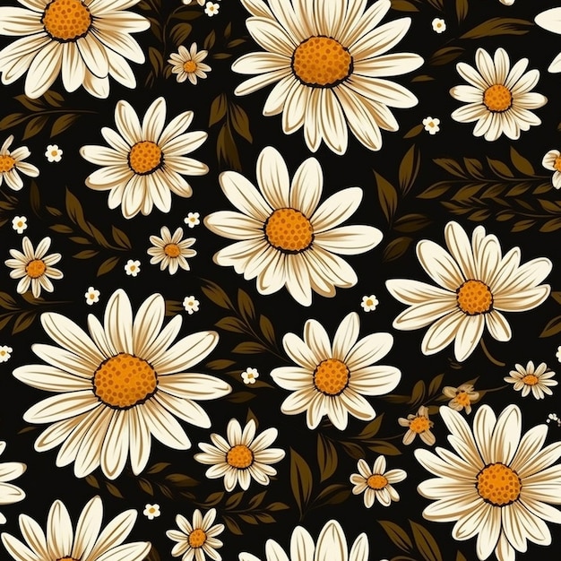 a floral design with daisies on a black background